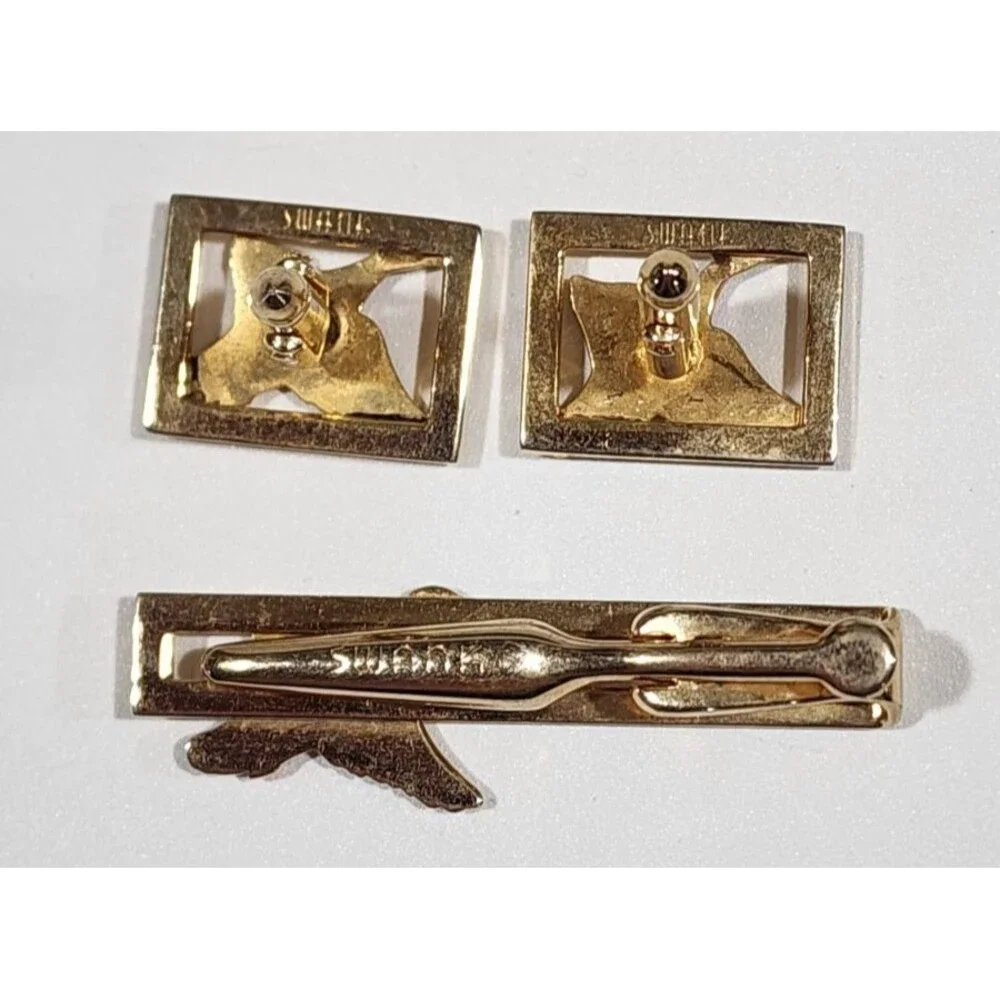 Vtg Swank Tie Clip Cuff Links Gold Tone Flying Mallard Duck Open